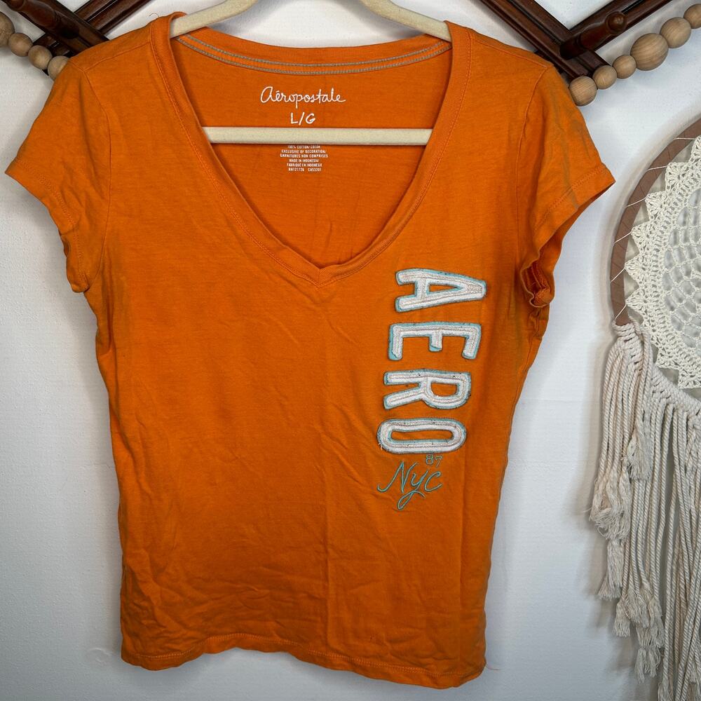 AERO Aeropostle Y2K Orange V Neck Logo T